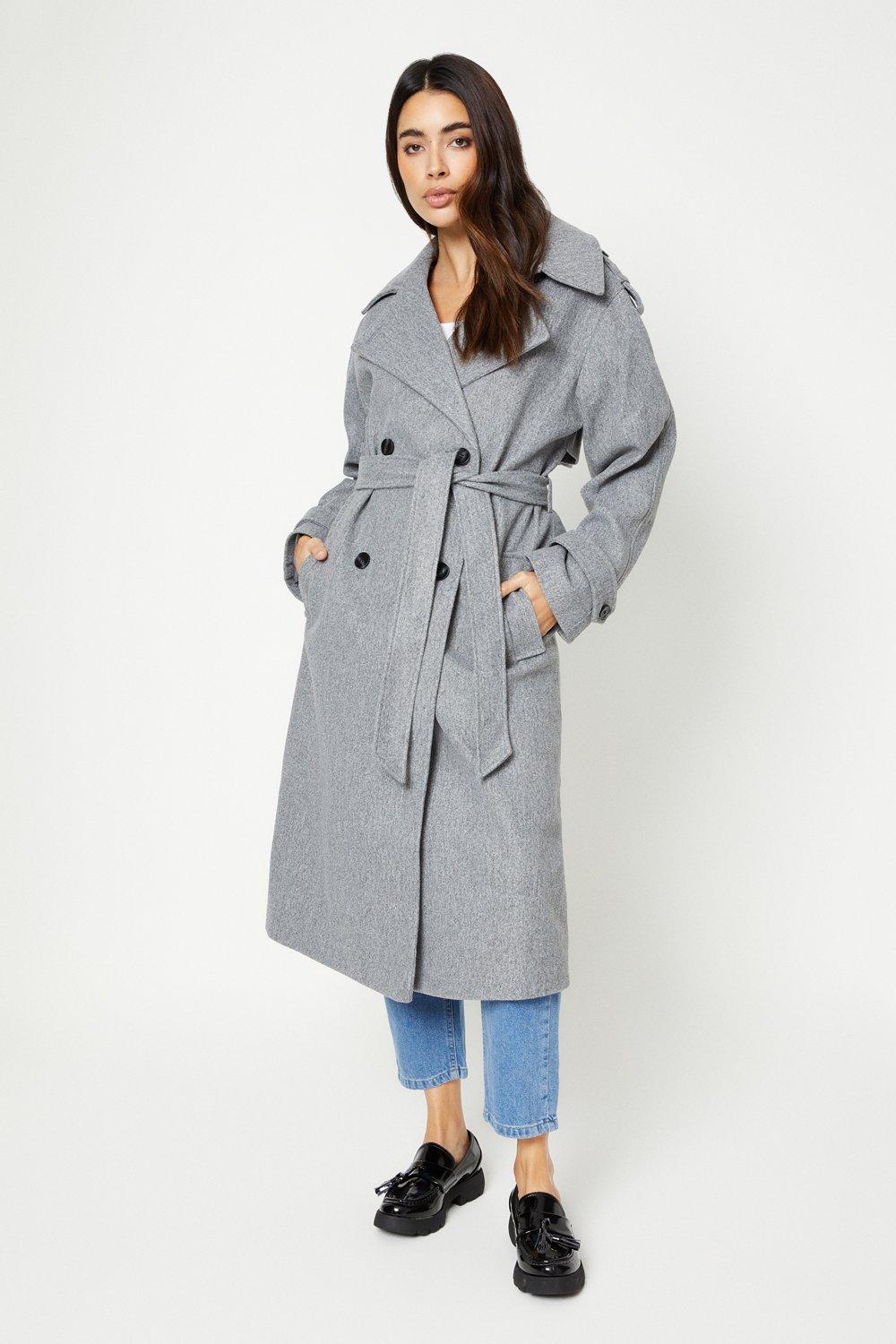 Women’s Belted Wool Look Trench Coat - grey marl - L